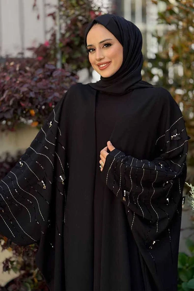 Yarasakol İşleme Detaylı Abaya 70012 Siyah-Gold - Resim 9