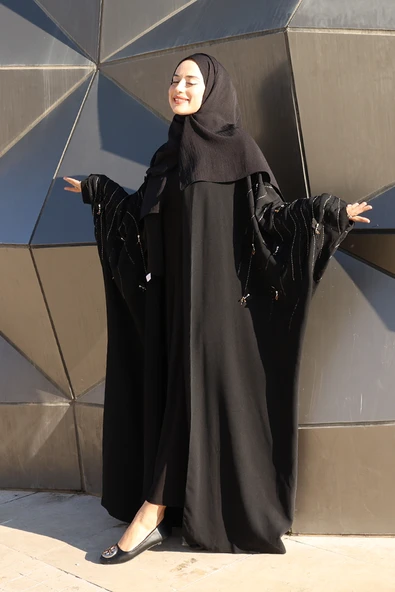 Yarasakol İşleme Detaylı Abaya 70012 Siyah - Resim 3