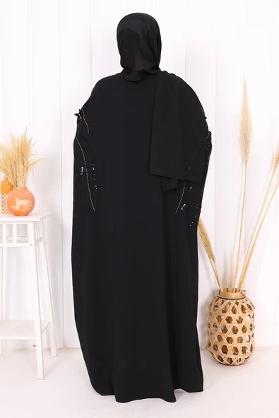 Yarasakol İşleme Detaylı Abaya 70012 Siyah-Gold - Resim 6