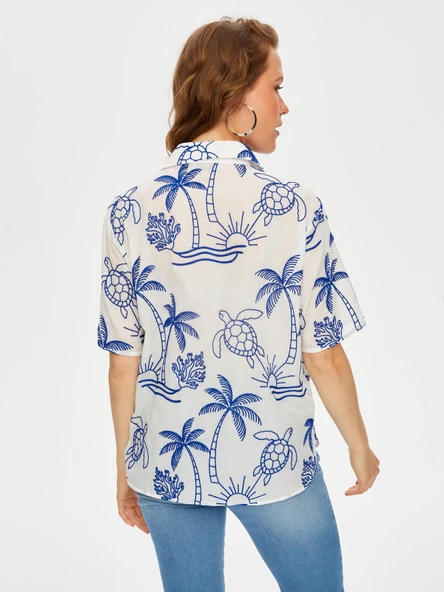 Tropik Brode Nakışlı Kısa Kol Pamuk Vual Gömlek Faik Sönmez - 12