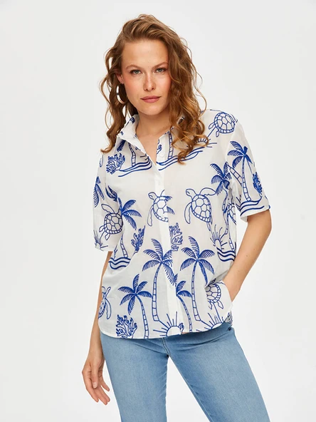 Tropik Brode Nakışlı Kısa Kol Pamuk Vual Gömlek Faik Sönmez - 2