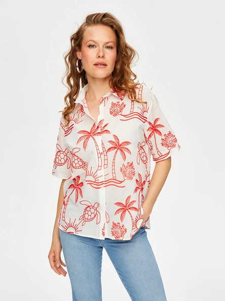 Tropik Brode Nakışlı Kısa Kol Pamuk Vual Gömlek Faik Sönmez - 11