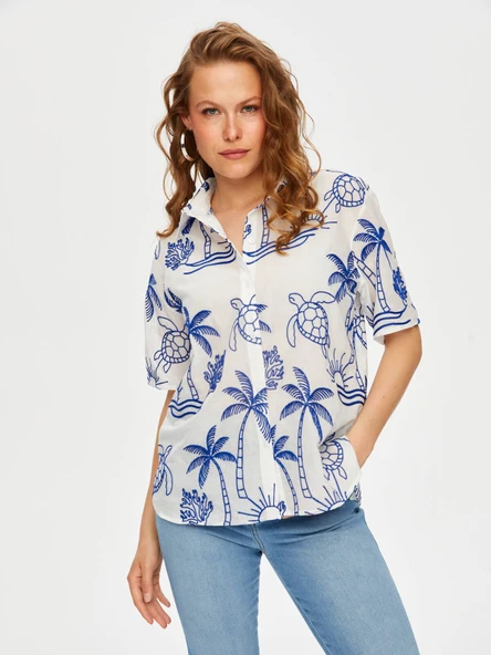 Tropik Brode Nakışlı Kısa Kol Pamuk Vual Gömlek Faik Sönmez - 4