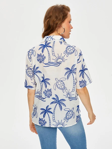 Tropik Brode Nakışlı Kısa Kol Pamuk Vual Gömlek Faik Sönmez - 8