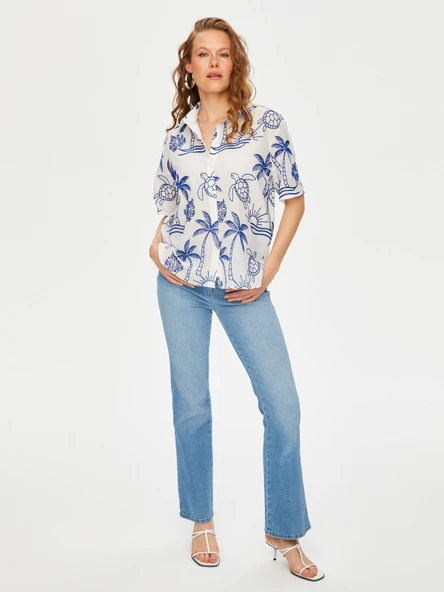 Tropik Brode Nakışlı Kısa Kol Pamuk Vual Gömlek Faik Sönmez - 6