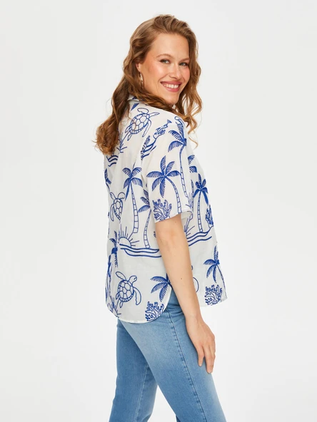 Tropik Brode Nakışlı Kısa Kol Pamuk Vual Gömlek Faik Sönmez - 9