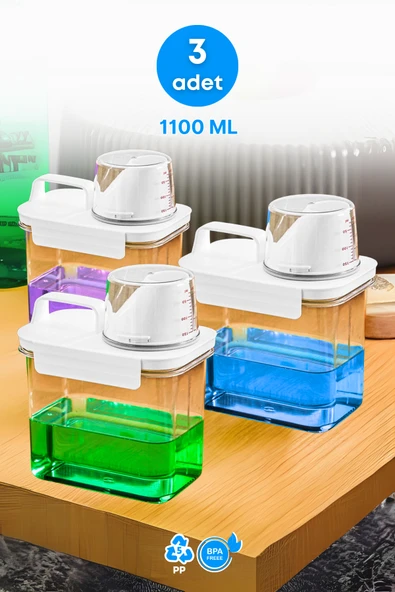 3 Adet Sızdırmaz Depolama Sıvı Toz Deterjan Erzak Saklama Kutusu- Ölçekli Deterjan Kutusu 1100 ml