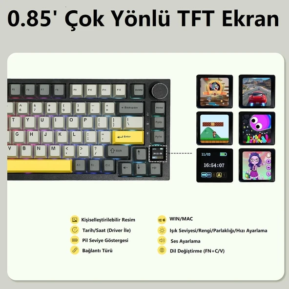 Ajazz AK820 Pro 3 Modlu%75 Mekanik Klavye, TFT Akıllı Ekran ve Düğmeye Sahip Gasket-Mounted Oyuncu Klavyesi, Bluetooth 5.1/2.4g Kablosuz/Type-C Kablolu (AK820 PRO - Sarı Siyah - Gift Switch) - 6
