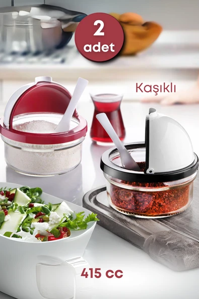 2 Adet Plastik Kapaklı Kaşıklı Baharatlık Seti- Tuzluk Şekerlik