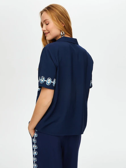 Faik Sönmez Kadın Önü Nazar Boncuğu Baskılı Kısa Kollu Viskon - 5