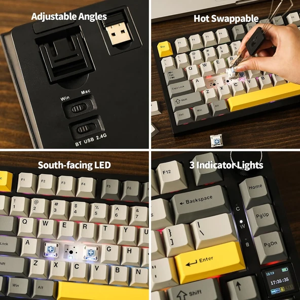 Ajazz AK820 Pro 3 Modlu%75 Mekanik Klavye, TFT Akıllı Ekran ve Düğmeye Sahip Gasket-Mounted Oyuncu Klavyesi, Bluetooth 5.1/2.4g Kablosuz/Type-C Kablolu (AK820 PRO - Sarı Siyah - Gift Switch) - 4