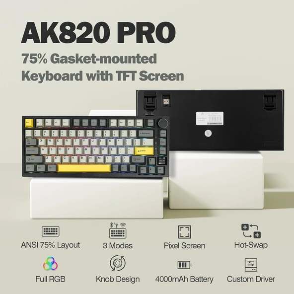 Ajazz AK820 Pro 3 Modlu%75 Mekanik Klavye, TFT Akıllı Ekran ve Düğmeye Sahip Gasket-Mounted Oyuncu Klavyesi, Bluetooth 5.1/2.4g Kablosuz/Type-C Kablolu (AK820 PRO - Sarı Siyah - Gift Switch) - 2