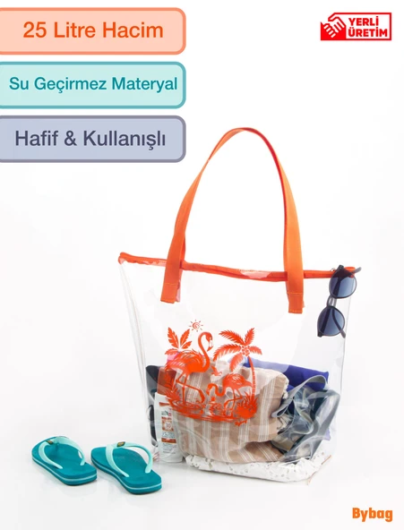 Büyük Boy Kadın Plaj Çantası Şeffaf PVC Materyal Dayanıklı Turuncu Serigrafi Baskılı