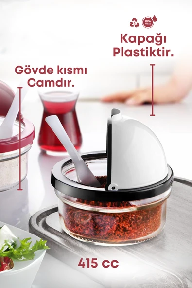 2 Adet Plastik Kapaklı Kaşıklı Baharatlık Seti- Tuzluk Şekerlik - 4
