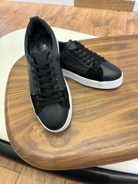 4226 SİYAH SÜET DETAYLI BEYAZ TABAN HAKİKİ DERİ ERKEK SNEAKERS - ERKEK SPOR AYAKKABI - 2