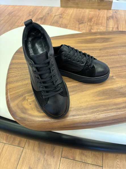 4226 SİYAH SÜET DETAYLI HAKİKİ DERİ ERKEK SNEAKERS - ERKEK SPOR AYAKKABI - 2