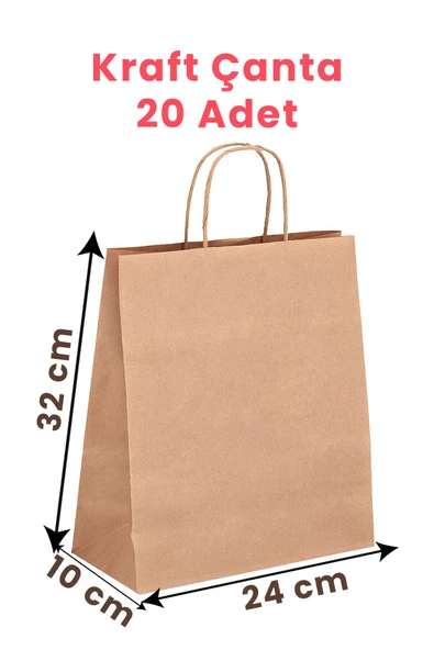 Balkan Kraft Burgu Saplı Kağıt Alışveriş Çanta 20 Adet - 32x10x24 Cm  Karton Alişveriş