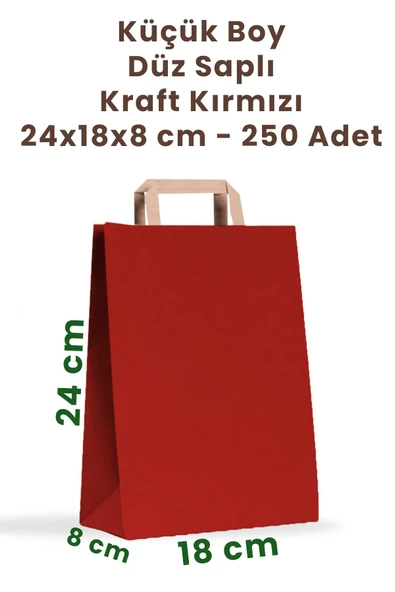 Balkan Kırmızı Kraft Düz Saplı Kağıt Alışveriş Çanta 250 Adet - 18x8x24cm (KARTON) (ALIŞVERİŞ, HEDİYELİK)