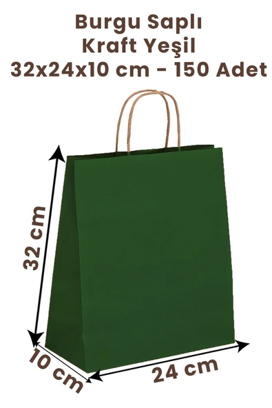 Balkan Yeşil Kraft Burgu Saplı Kağıt Alışveriş Çanta 150 Adet - 32x10x24cm (KARTON) (ALIŞVERİŞ, HEDİYELİK)