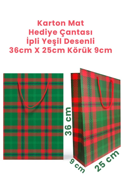 Balkan 6 Adet İpli Karton Yeşil Desenli Çanta 36x25x9cm Körüklü Bristol Yılbaşı Hediyelik - Resim 2