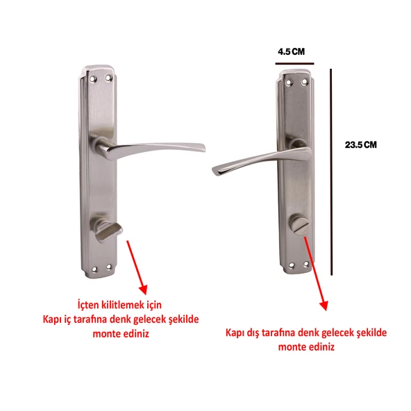 Kilitlenebilir WC Banyo Kapı Kolu Nikel İnox Aynalı Sağa Sola Uygun İç Dış Tuvalet Kapısı 1 Takım - Resim 3