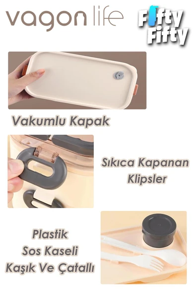 Vagonlife 1350 ML İki Kat Üç Bölme Paslanmaz Çelik Lunch Box Yeni Nesil Sefer Tası-Sos Kaseli Model-FFLBOX10110-2S - 14