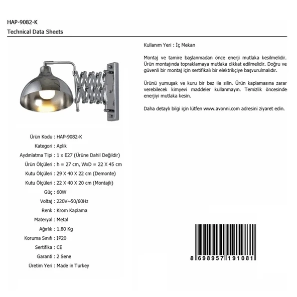 AVONNI HAP-9082-K Krom Kaplama Aplik E27 12W 22x45cm - 3