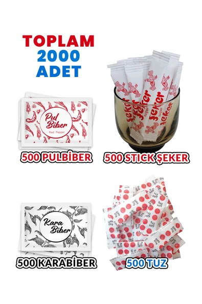Balkan (Toplam 2000 Adet) Tek kullanımlık Pulbiber 500 - Karabiber 500 - Stick Şeker 500 - Tuz 500 Adet