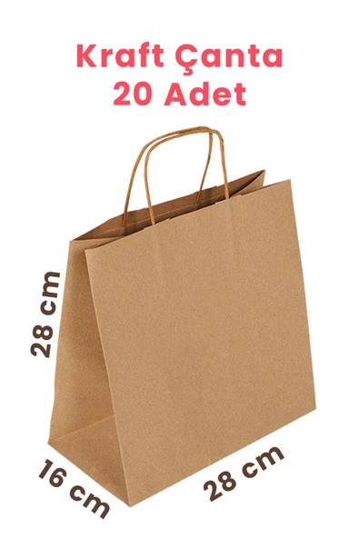 Balkan Kraft Burgu Saplı Kağıt Alışveriş Çanta 20 Adet - 28x16x28cm Cm  Karton Alişveriş