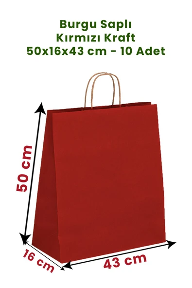 Balkan Kırmızı Kraft Burgu Saplı Kağıt Alışveriş Çanta 10 Adet - 50x16x43 Cm  Karton Alişveriş