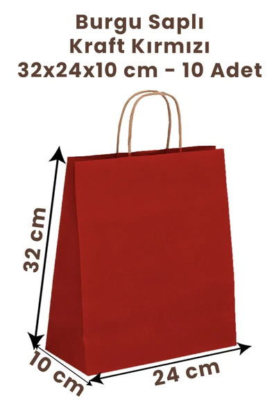 Balkan Kırmızı Kraft Burgu Saplı Kağıt Alışveriş Çanta 10 Adet - 32x10x24cm (KARTON) (ALIŞVERİŞ, HEDİYELİK)