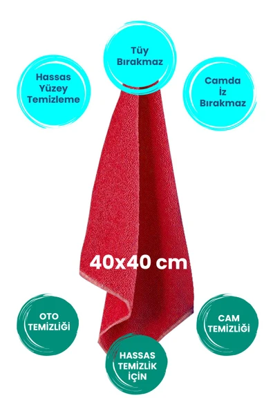 Balkan 4 Adet Kırmızı Havlu Mikrofiber Leke Bırakmaz Araç Yıkama Kurulama Oto Cam Temizlik Havlu Gsm40x40cm