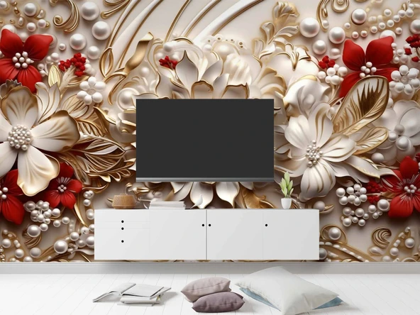 3D Kabartma İnci Kırmızı Beyaz Çiçek Desenli Duvar Kağıdı Baskı - 3