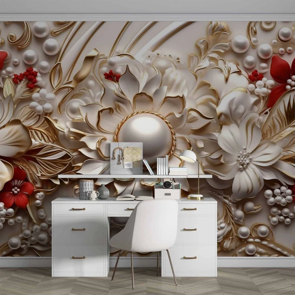 3D Kabartma İnci Kırmızı Beyaz Çiçek Desenli Duvar Kağıdı Baskı - 4