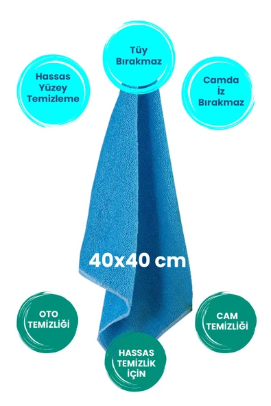 Balkan 4 Adet Mavi Havlu Mikrofiber Leke Bırakmaz Araç Yıkama Kurulama Oto Cam Temizlik Havlu Gsm 40x40cm