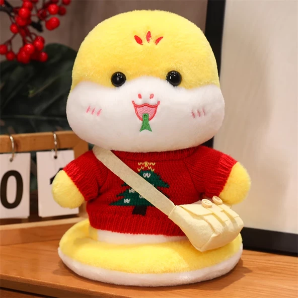 Sevimli Bebek Yılan Peluş Oyuncak - Kırmızı Yılbaşı Ağacı Kazaklı 30cm