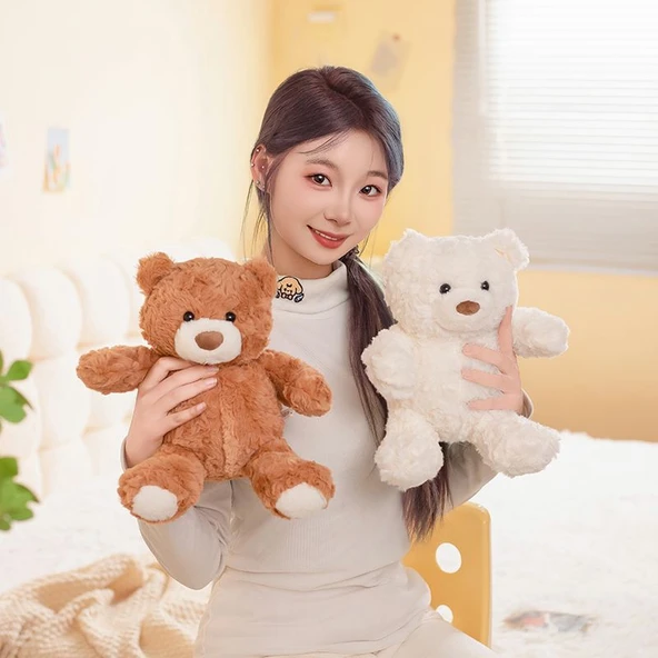 Tavşan Tüylü Fırça Çiçek Ayıcık Peluş Oyuncak - Beyaz - 26cm - 8