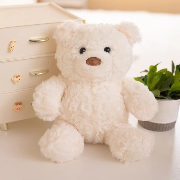 Tavşan Tüylü Fırça Çiçek Ayıcık Peluş Oyuncak - Beyaz - 26cm - 6