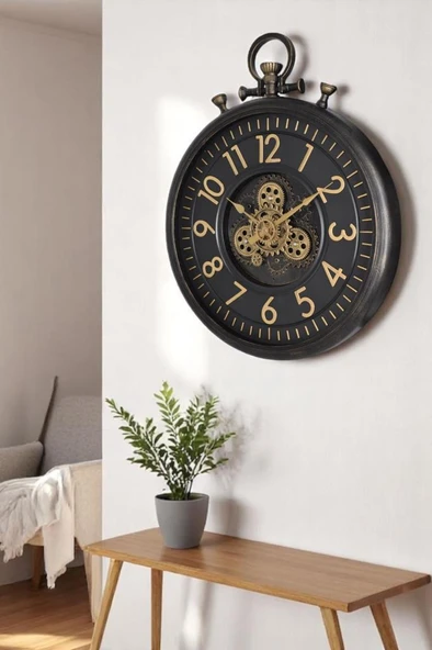 Efe Mark Premium Serisi Antik Eskitme Kadranlı Döner Çarklı 60 Santimetre Köstekli Ev ve Ofis Duvar Saati Latin Rakamlı Siyah - Resim 6