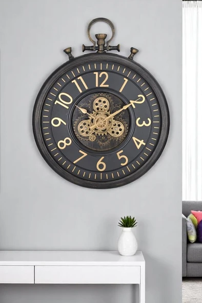 Efe Mark Premium Serisi Antik Eskitme Kadranlı Döner Çarklı 60 Santimetre Köstekli Ev ve Ofis Duvar Saati Latin Rakamlı Siyah - Resim 2