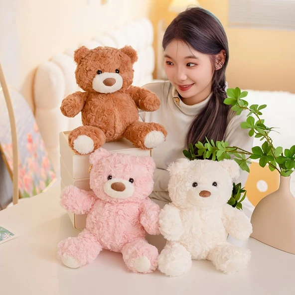 Tavşan Tüylü Fırça Çiçek Ayıcık Peluş Oyuncak - Beyaz - 26cm - 2