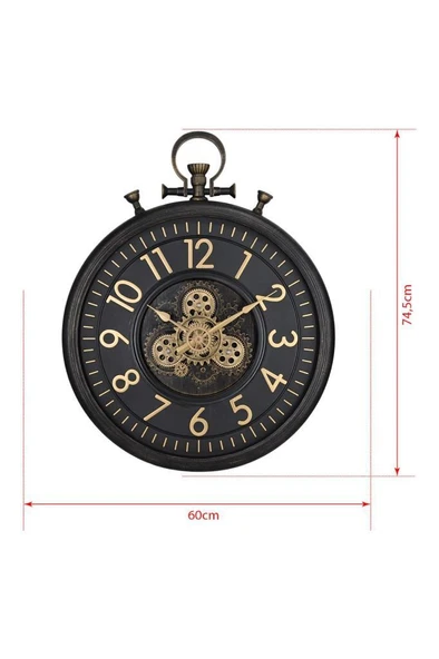 Efe Mark Premium Serisi Antik Eskitme Kadranlı Döner Çarklı 60 Santimetre Köstekli Ev ve Ofis Duvar Saati Latin Rakamlı Siyah - Resim 4