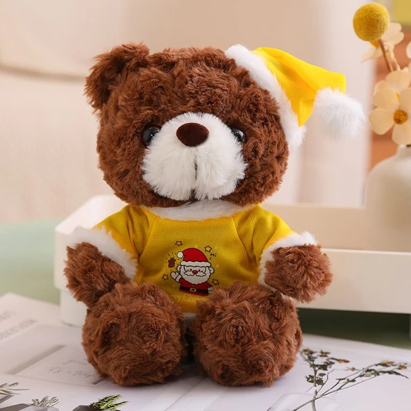 Noel Temalı Ayıcık - Sarı Tişört - Koyu Kahverengi Peluş - 20cm
