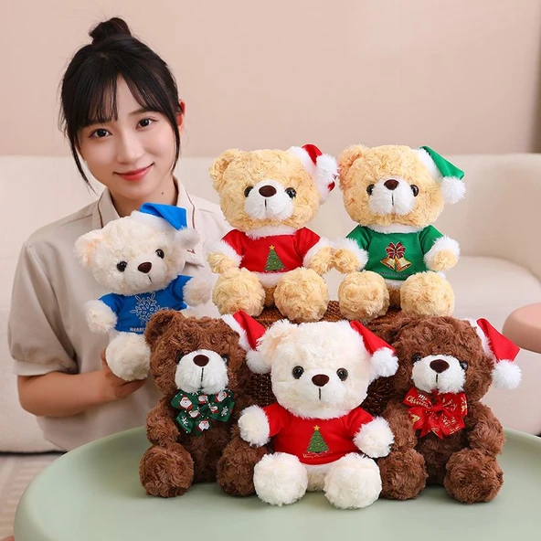 Noel Temalı Ayıcık - Kırmızı Tişört - Koyu Kahverengi Peluş - 20cm - 12