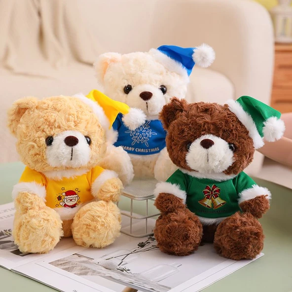 Noel Temalı Ayıcık - Kırmızı Tişört - Koyu Kahverengi Peluş - 20cm - 5