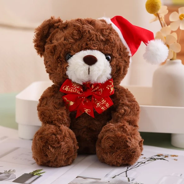 Noel Temalı Ayıcık - Kırmızı Fiyonk - Koyu Kahverengi Peluş - 20cm