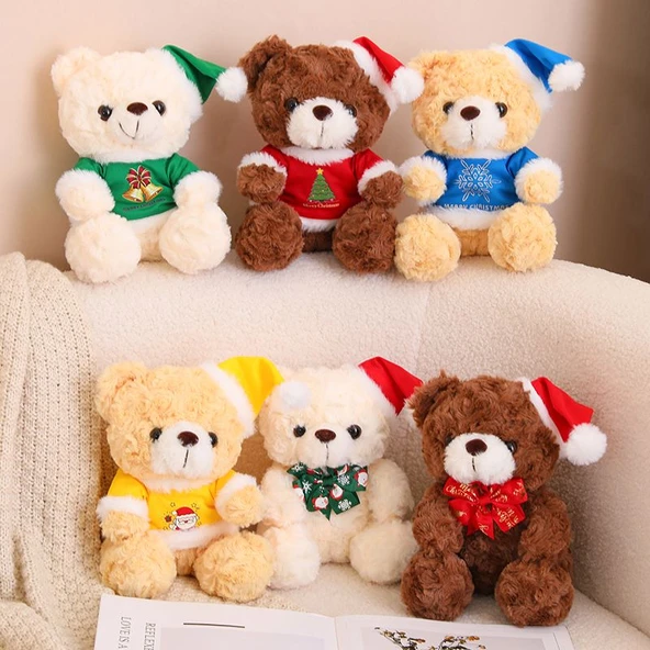 Noel Temalı Ayıcık - Kırmızı Tişört - Koyu Kahverengi Peluş - 20cm - 8