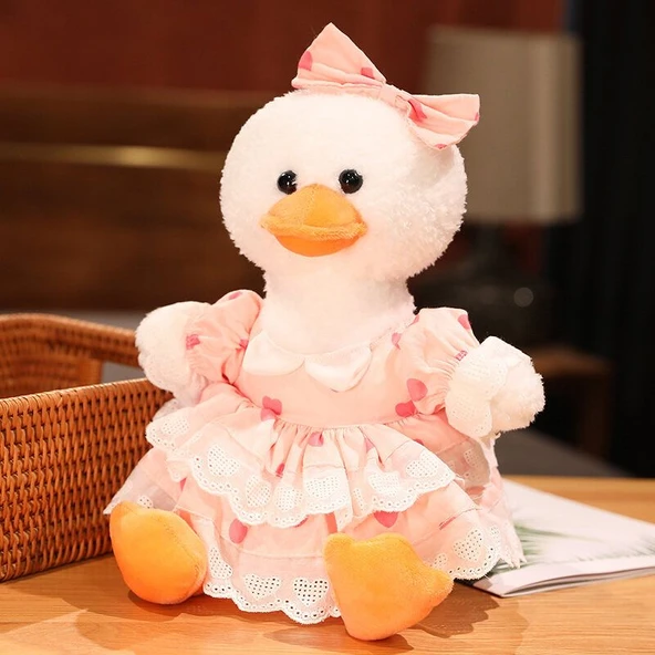 Sevimli Influencer Ördek Peluş Oyuncak - Pembe Kalpli Elbiseli 35cm