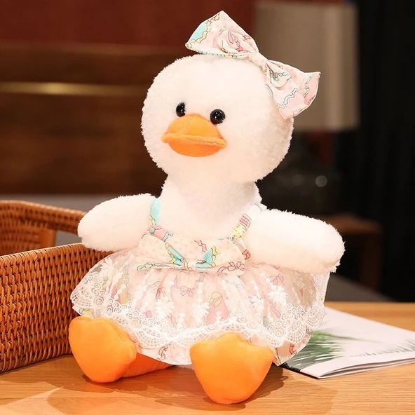 Sevimli Influencer Ördek Peluş Oyuncak - Pembe Kalpli Elbiseli 35cm - 7