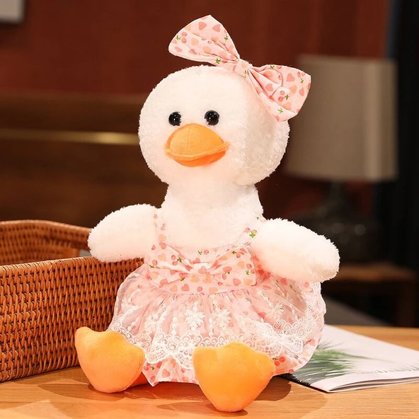 Sevimli Influencer Ördek Peluş Oyuncak - Pembe Kalpli Elbiseli 35cm - 6